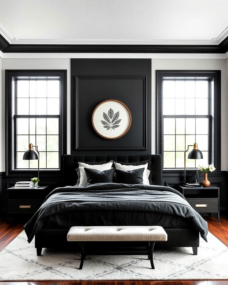 black wall molding for bedroom - 20 Matte Black Bedroom Ideas