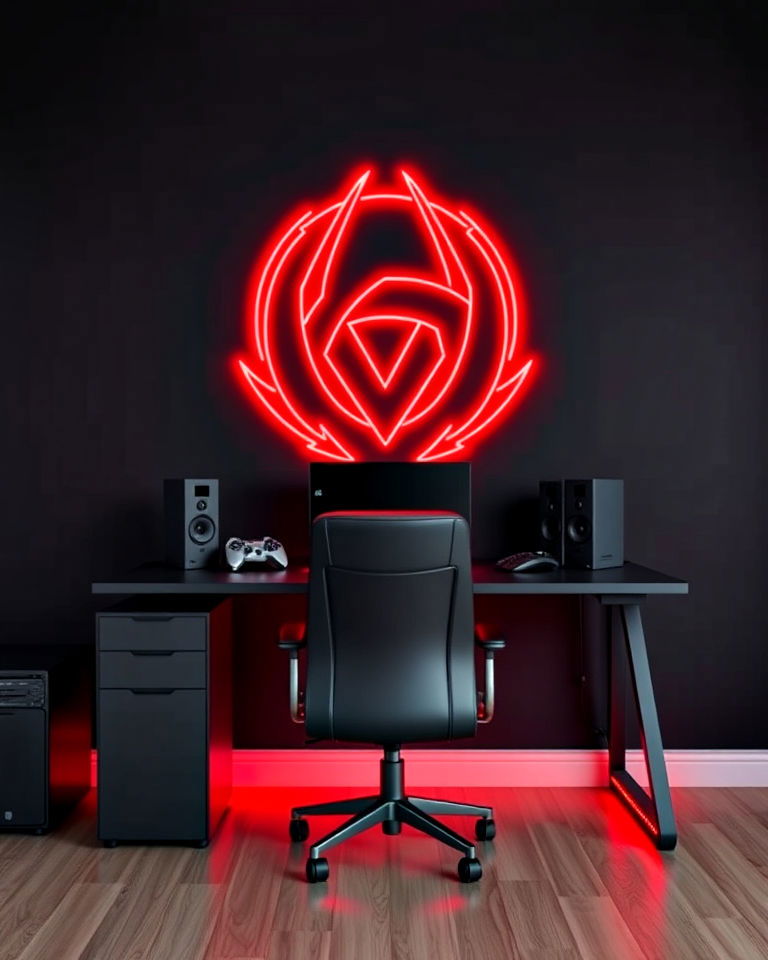 black wall with red neon gaming logo - 20 Red and Black Gaming Setup Ideas