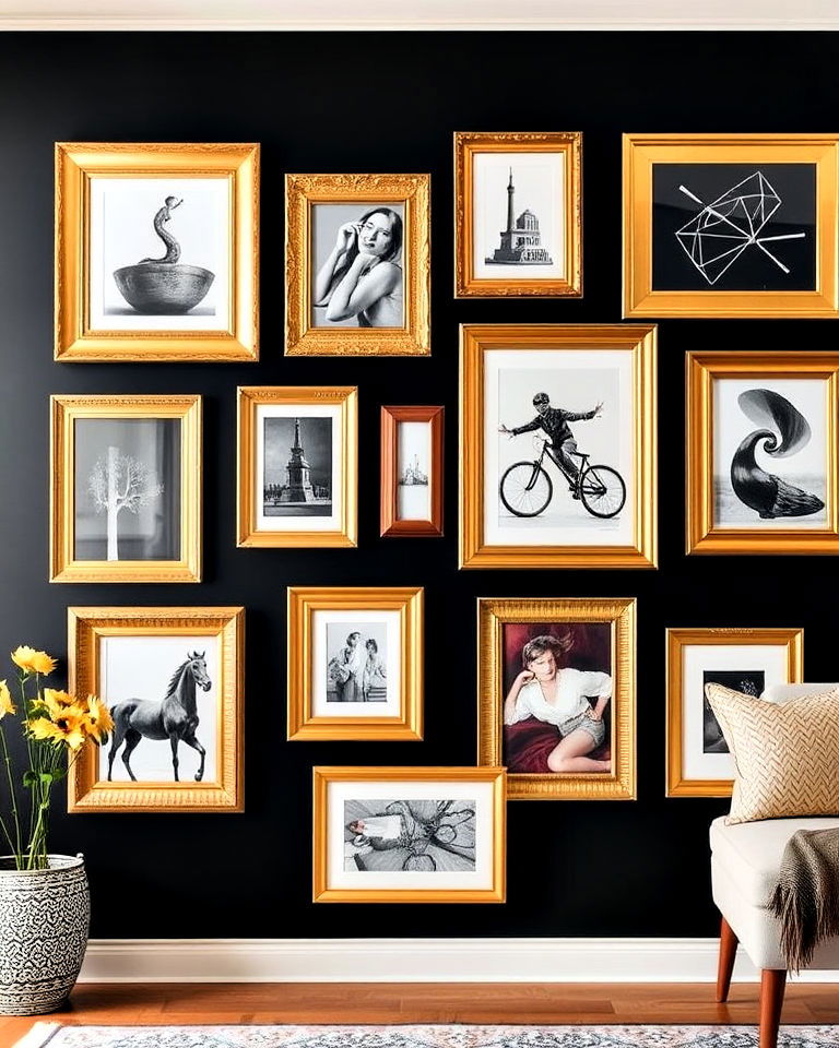 black walls and gold framed gallery wall - 40 Black and Gold Living Room Ideas