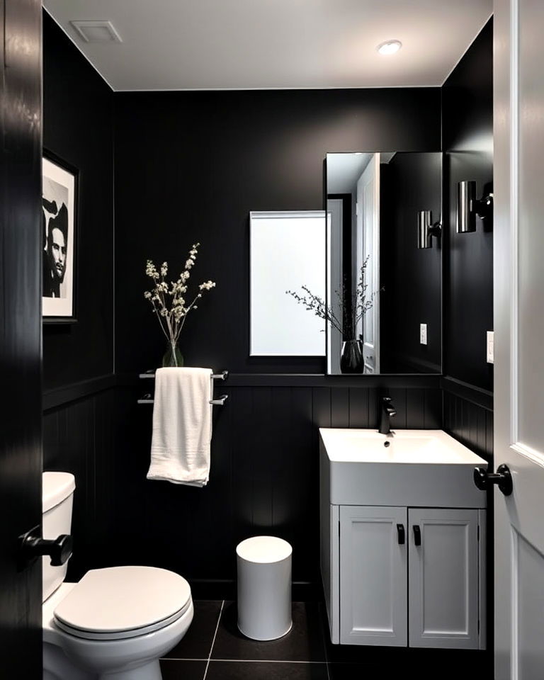 black walls and white fixtures - 20 Black and White Powder Room Ideas