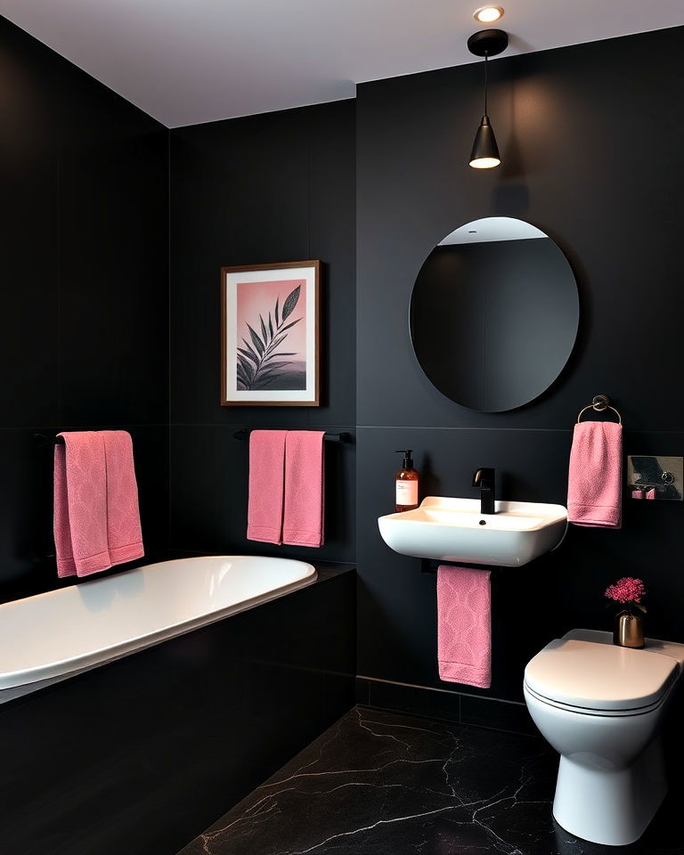 black walls with pink accents for bathroom - 25 Pink and Black Bathroom Ideas