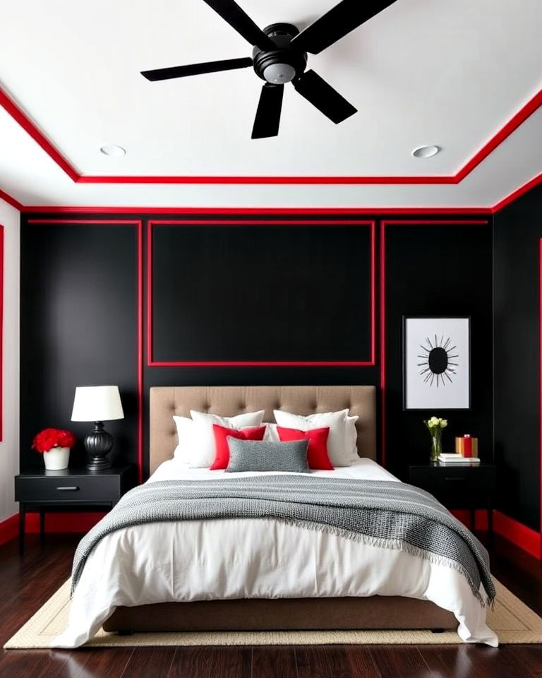 black walls with red painted trim for bedroom - 25 Red and Black Bedroom Ideas