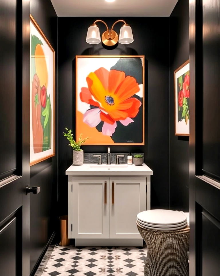 black walls with statement art - 25 Black Powder Room Ideas