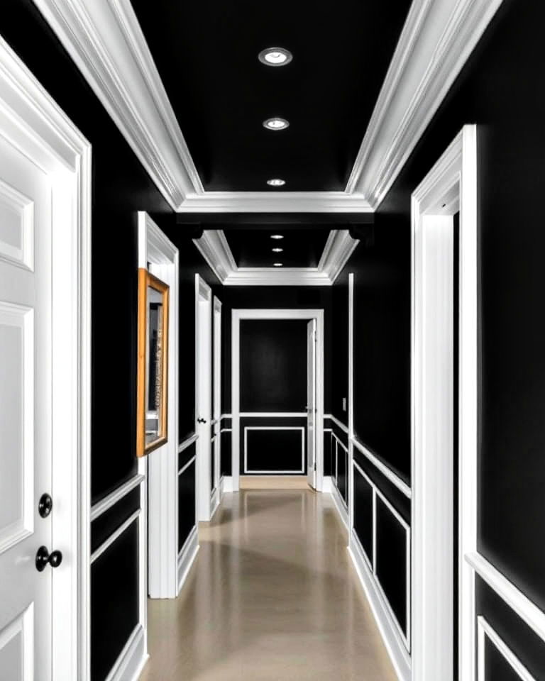 black walls with white trim - 15 Black Hallway Ideas
