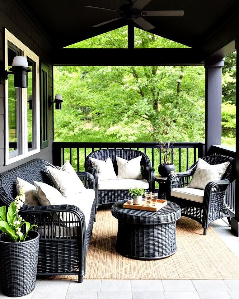 black wicker furniture for porch - 15 Black Porch Ideas