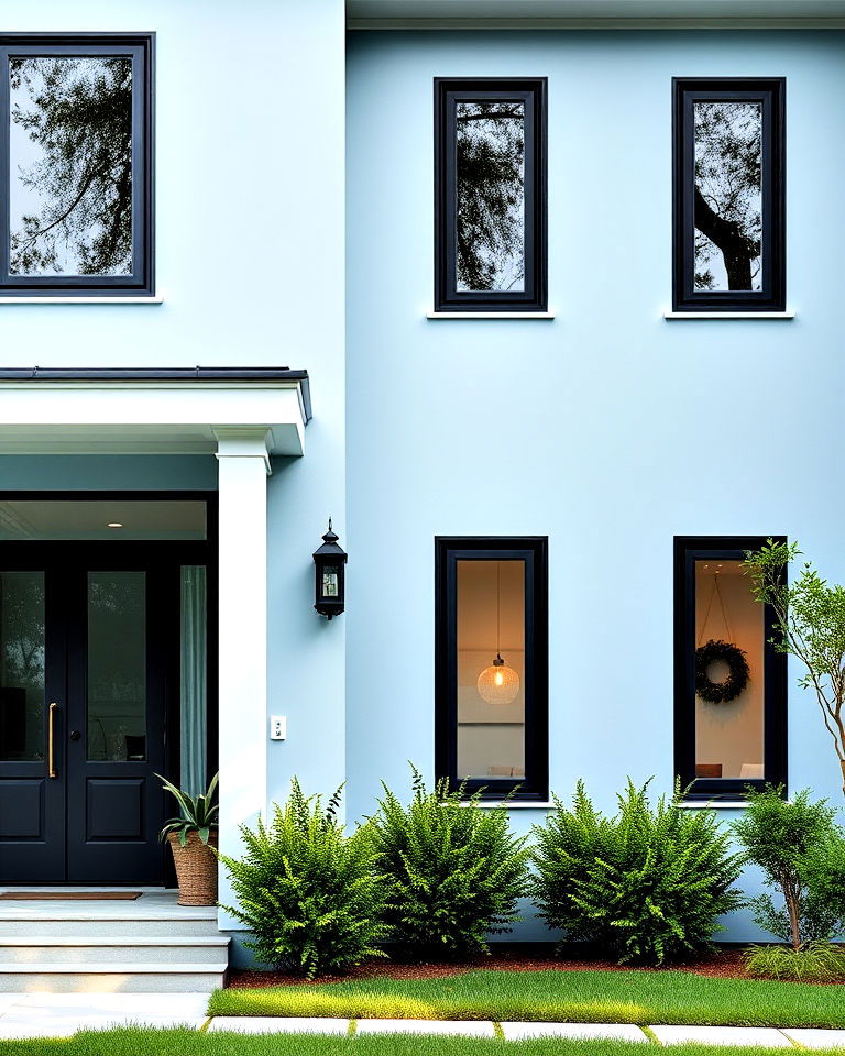 black window frames and light blue exterior - 25 Light Blue House Exterior Ideas