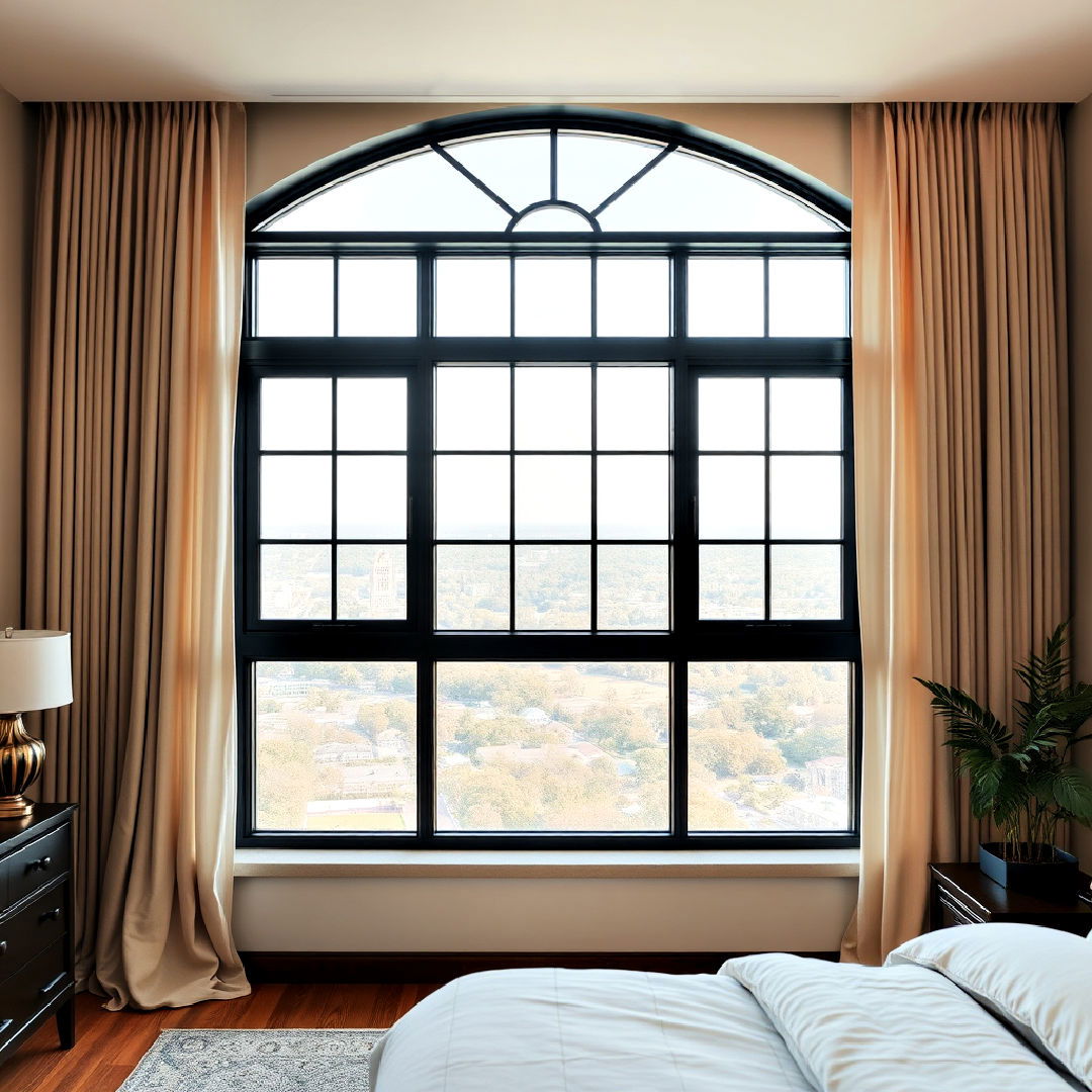 black window frames with beige drapes design - 20 Black and Beige Bedroom Design Ideas