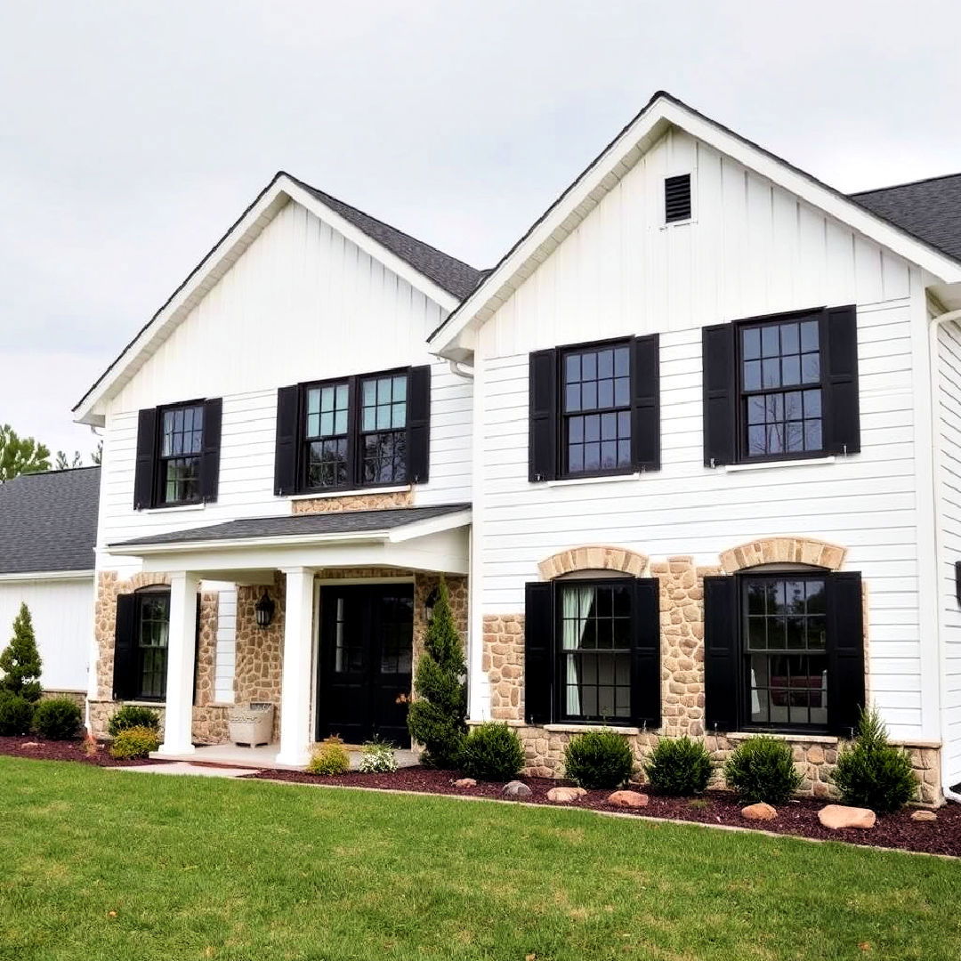black windows and stone accents for white farmhouse - 25 White Farmhouse With Black Windows Ideas