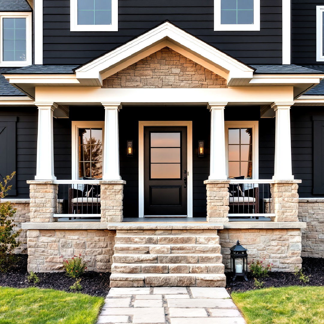 black with stone accents for modern farmhouse exterior - 40 Black Modern Farmhouse Exterior Design Ideas
