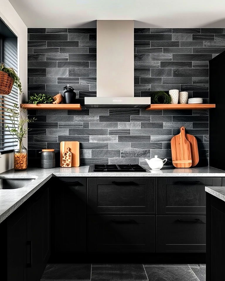 black wood look tiles for backsplash - 30 Kitchen With Black Backsplash