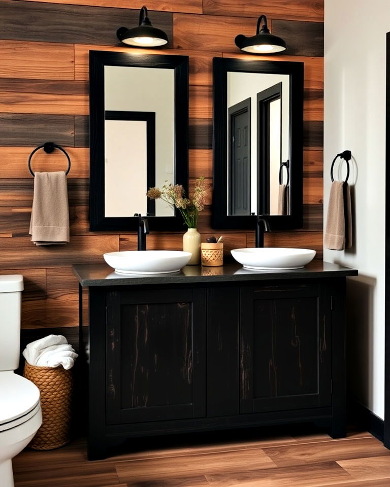 black wood vanity to add rustic touch - 20 Black Vanity Bathroom Ideas