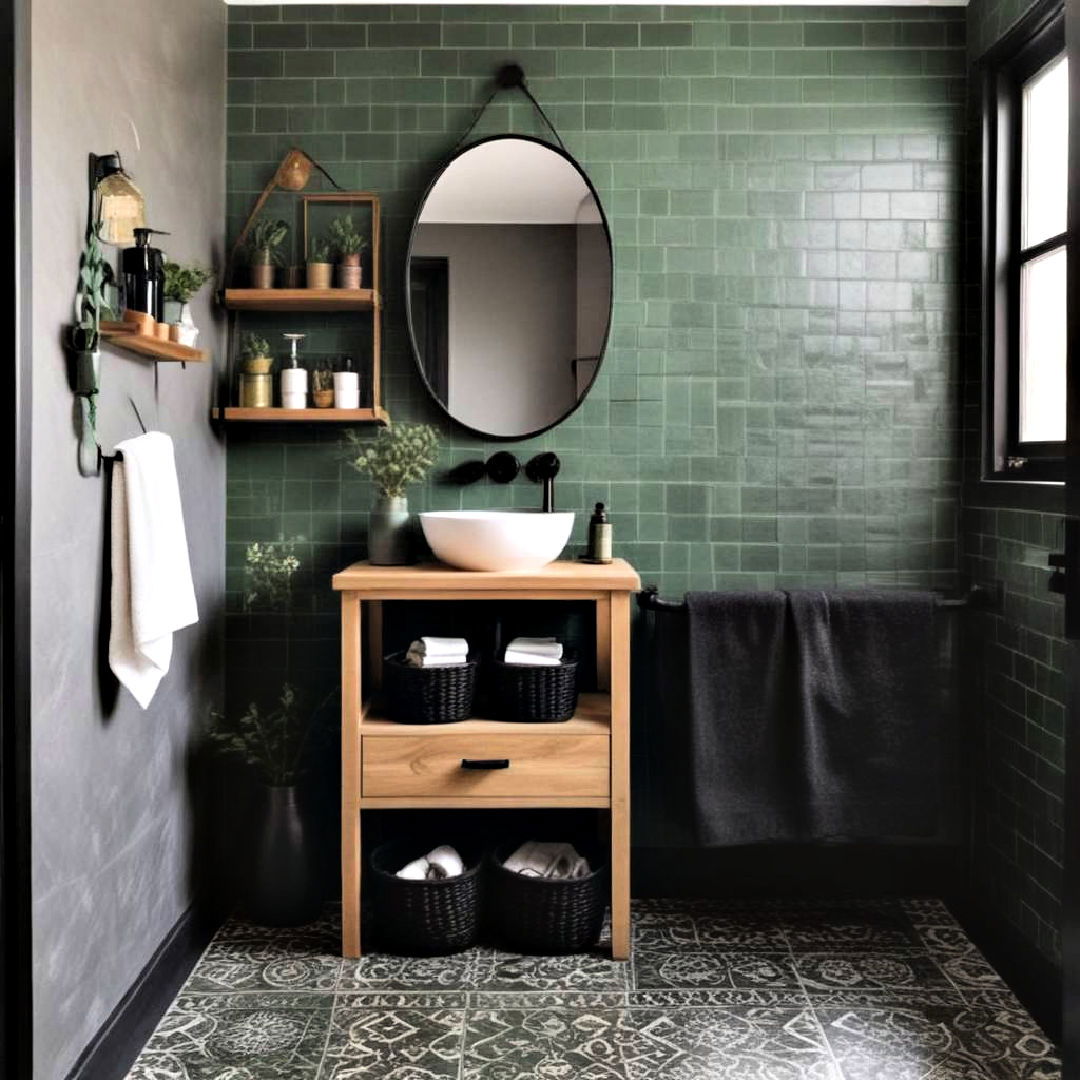 black woven baskets and green patterned tiles - 15 Black and Green Bathroom Ideas