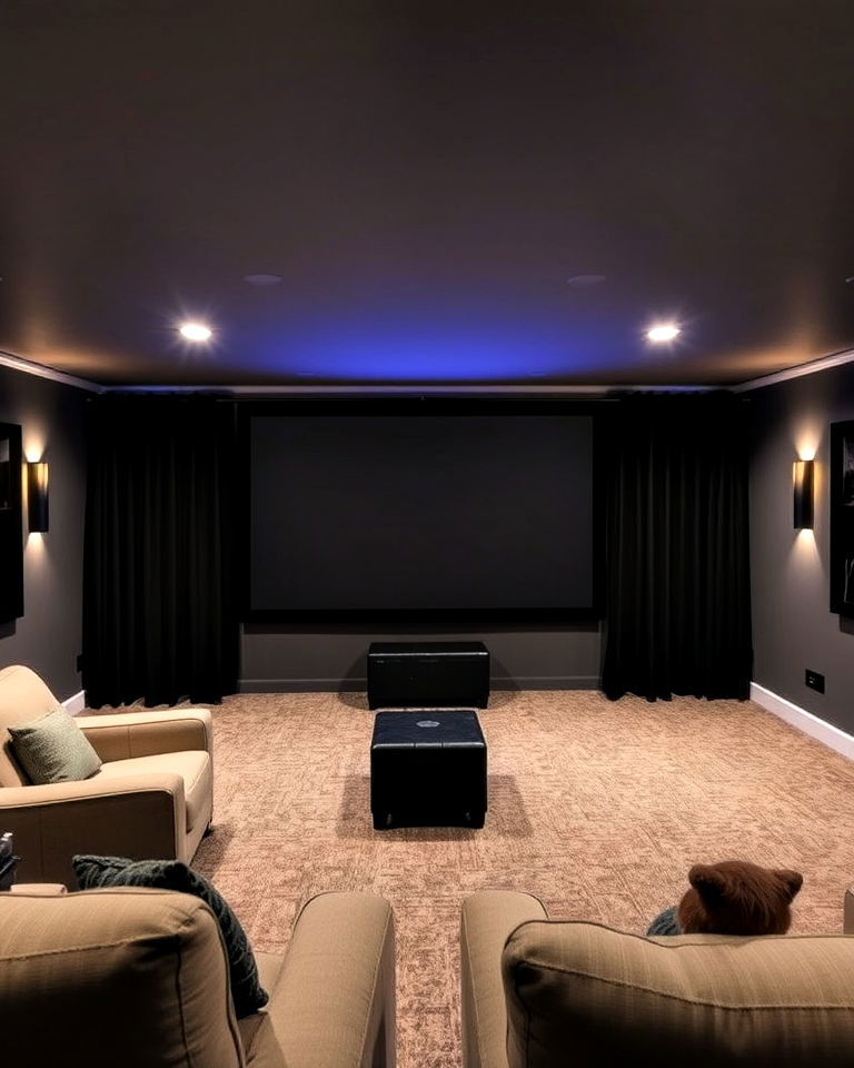 blackout curtains to control light - 25 Basement Home Theater Ideas