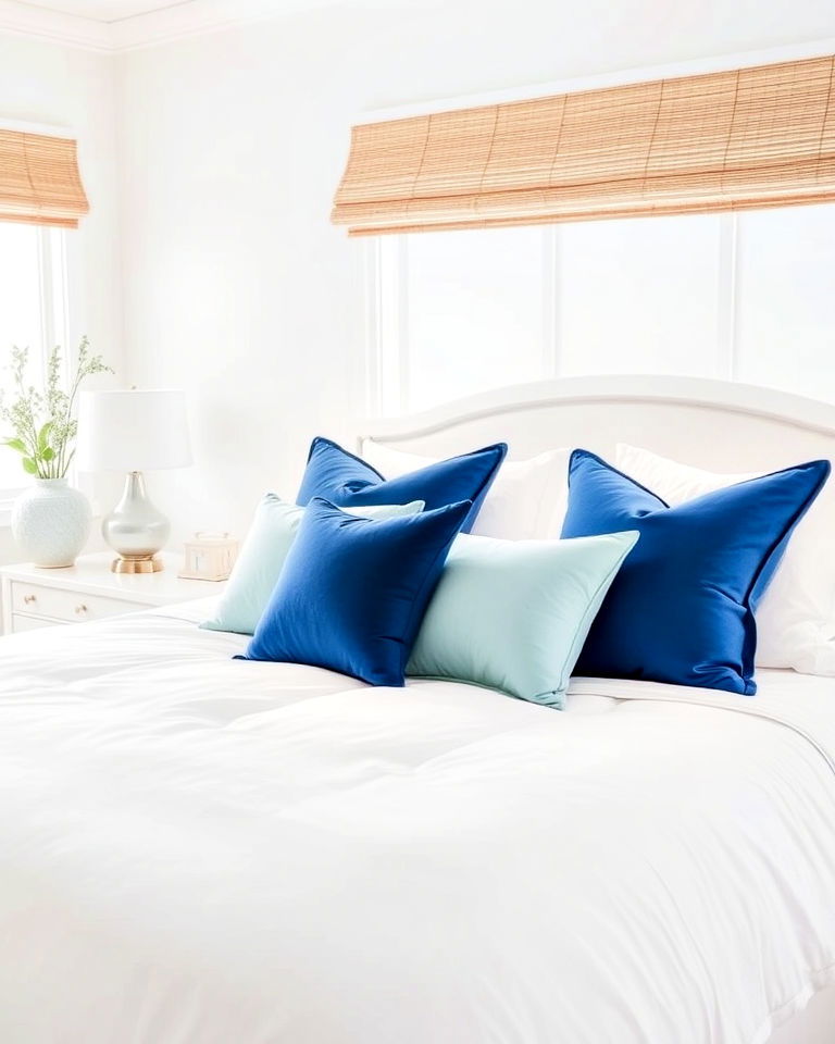 blue accent pillows and white bedding - 25 Blue and White Bedroom Ideas