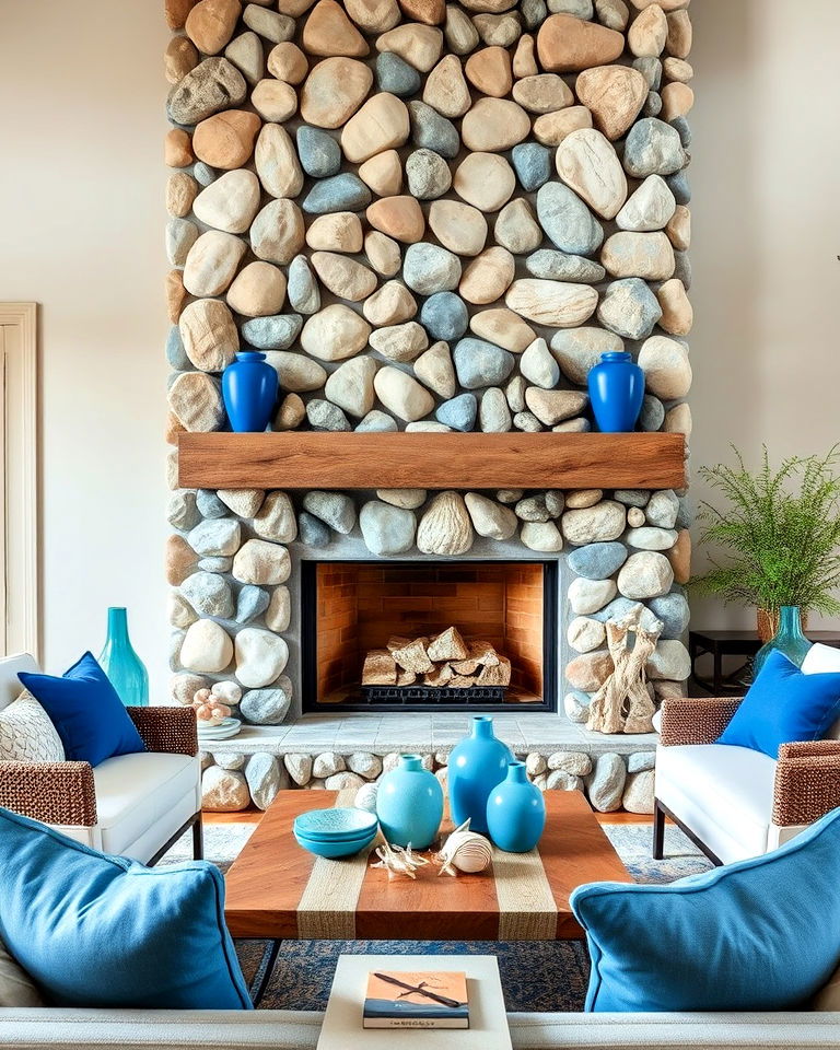 blue accents for coastal river rock fireplace - 30 River Rock Fireplace Ideas