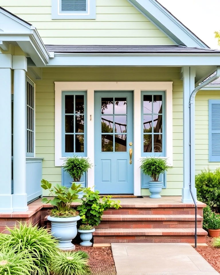 blue accents for sage green house exterior - 30 Sage Green House Exterior Ideas