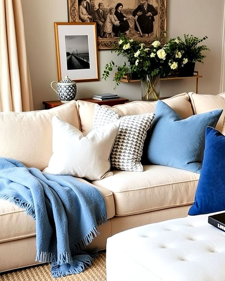 blue and beige layered textures - 20 Blue and Beige Living Room Ideas
