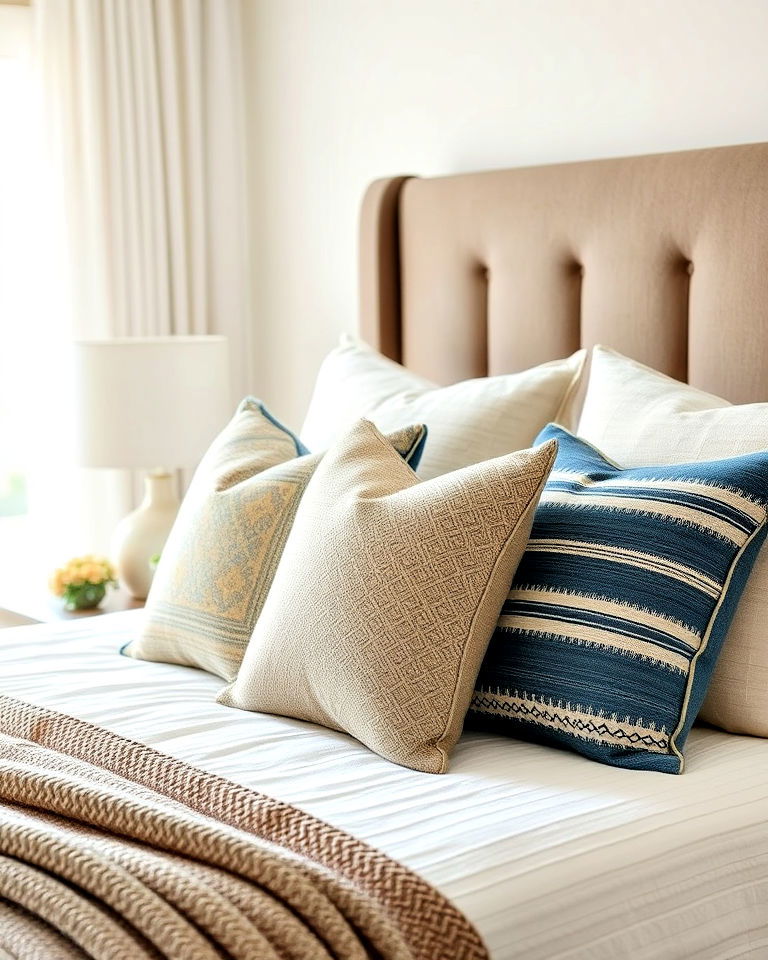 blue and beige textured throw pillows - 15 Blue and Beige Bedroom Ideas