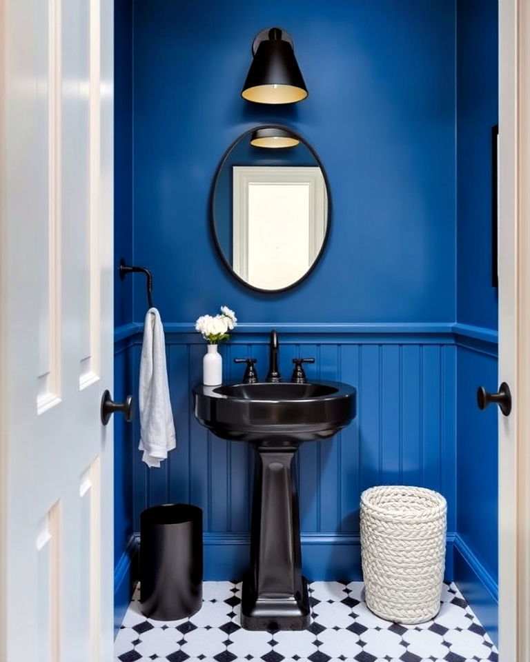 blue and black contrast for powder room - 20 Blue Powder Room Ideas