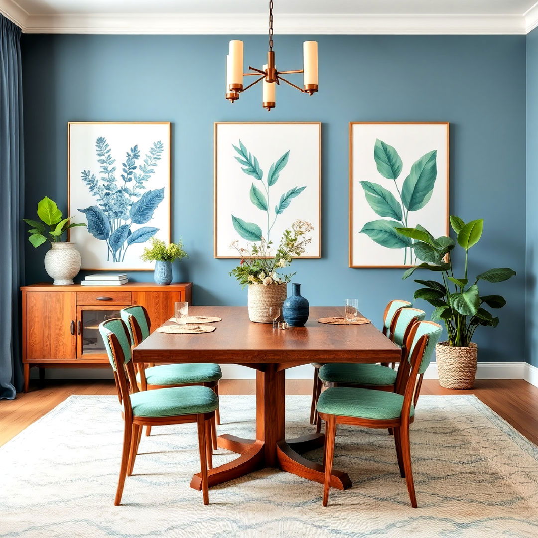 blue and green botanical prints for dining room - 40 Blue Dining Room Ideas