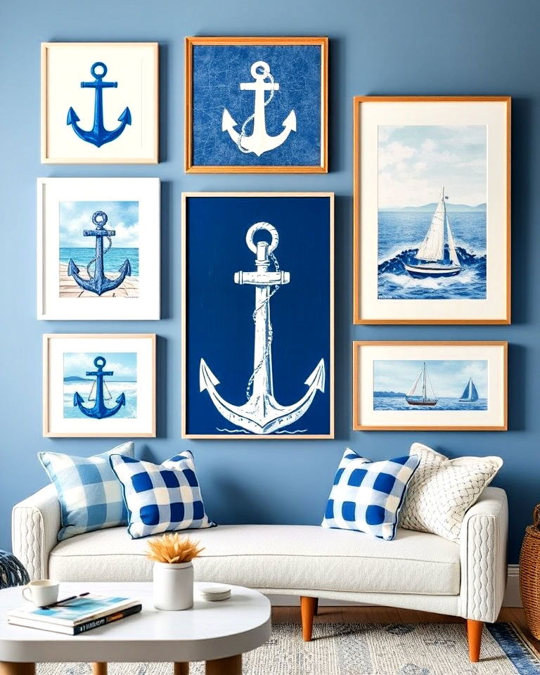 blue and white decor with nautical themed wall art - 30 Blue and White Decor Ideas