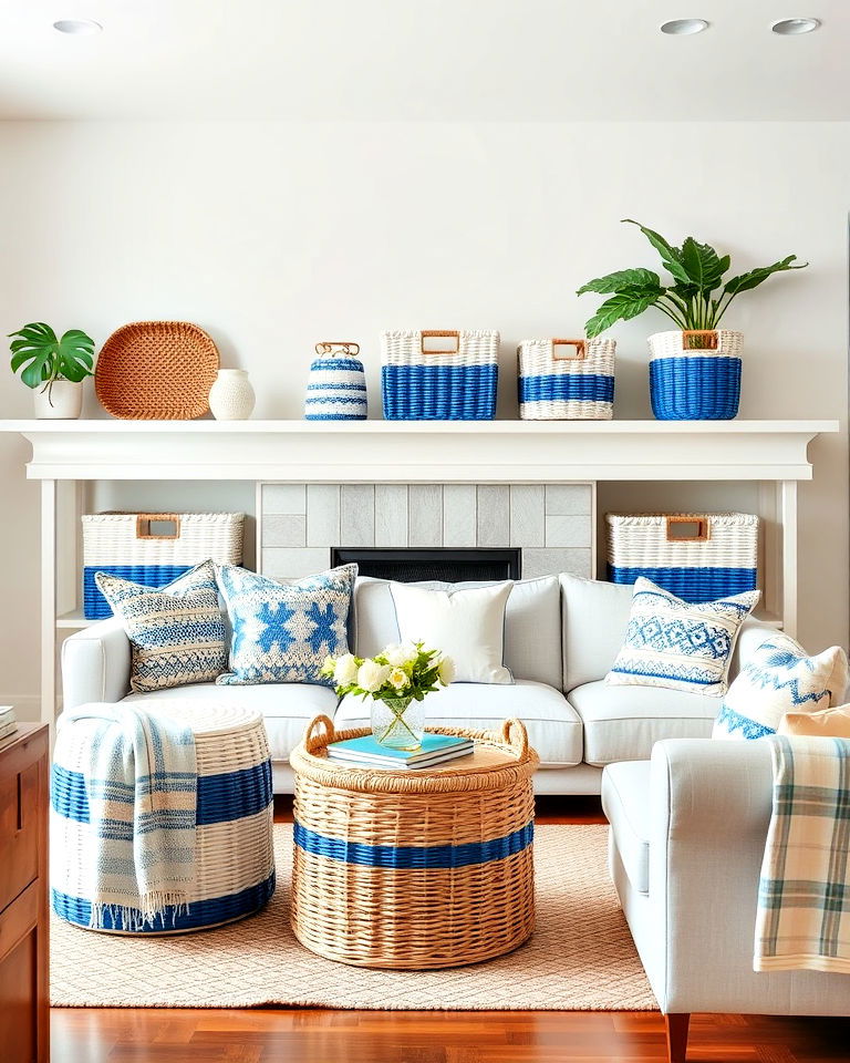 blue and white decor with woven baskets - 30 Blue and White Decor Ideas