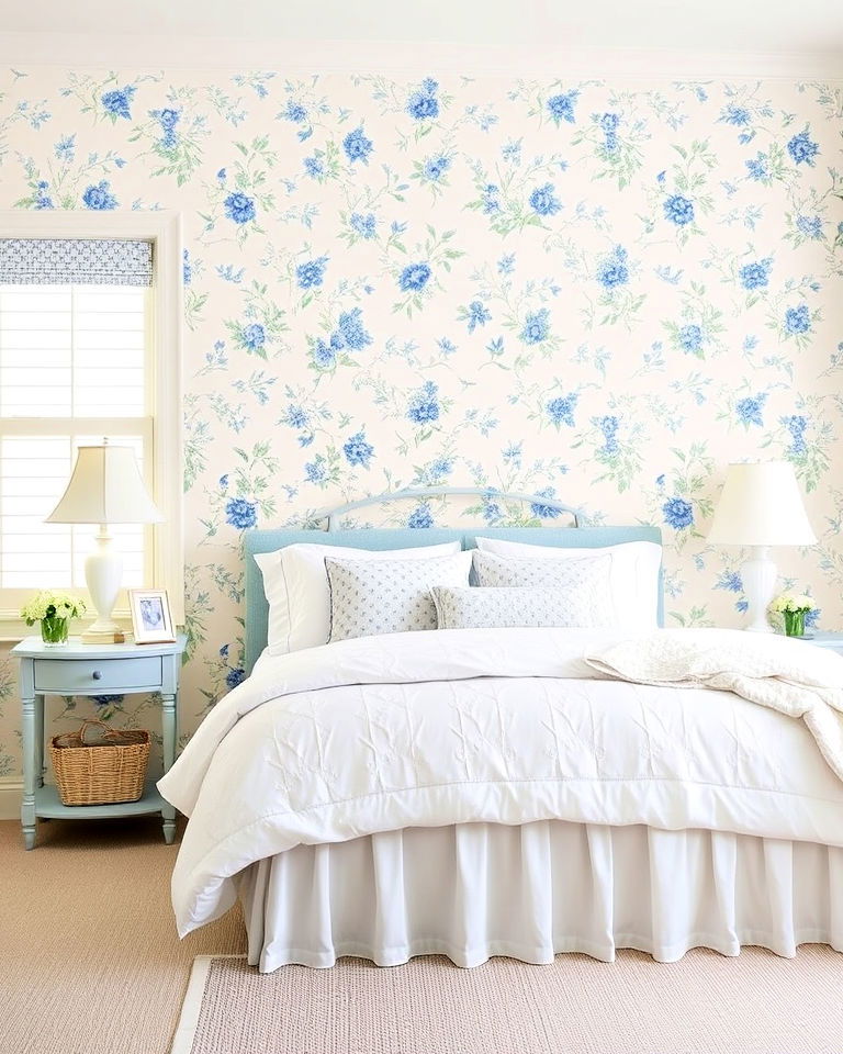 blue and white floral wallpaper for bedroom - 25 Blue and White Bedroom Ideas