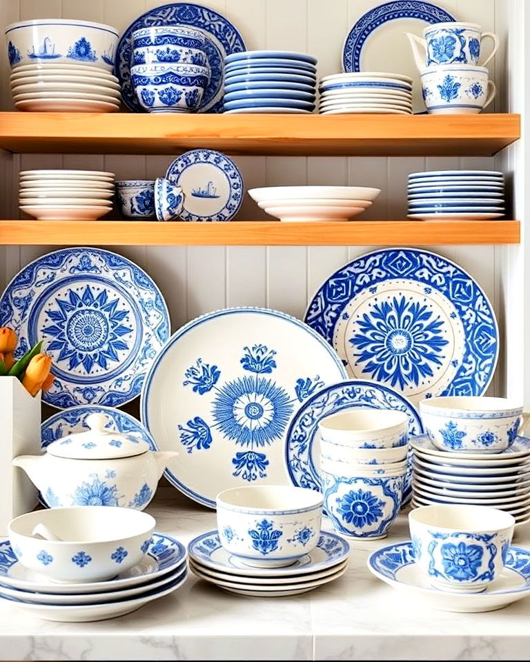 blue and white kitchenware display - 30 Blue and White Decor Ideas