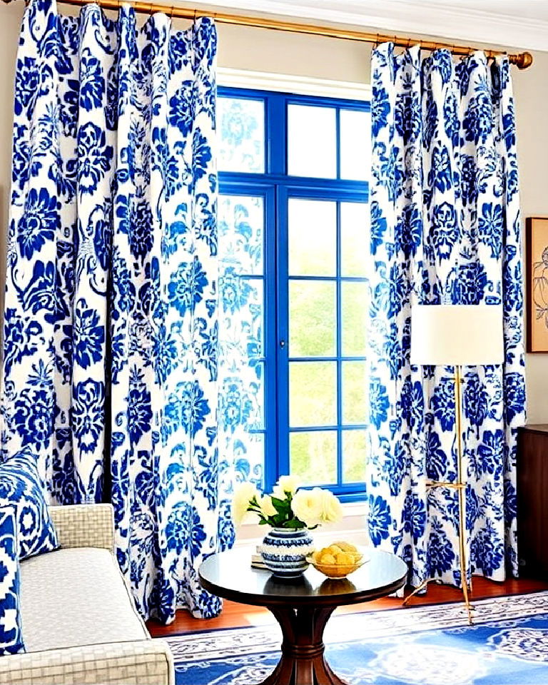 blue and white statement curtains - 30 Blue and White Decor Ideas