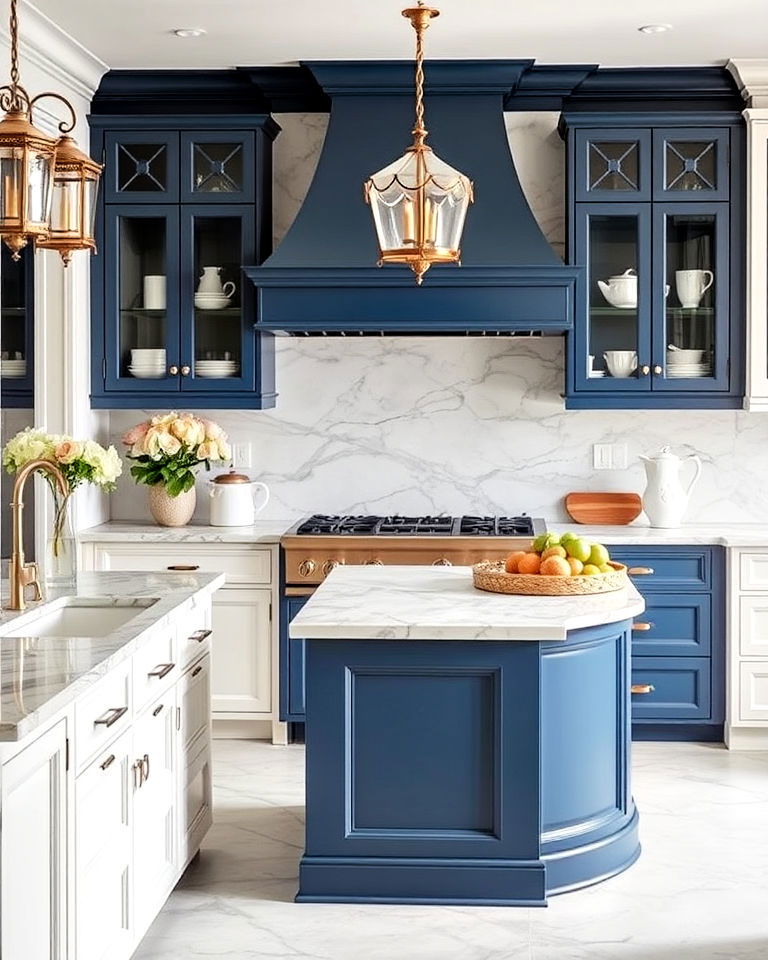 blue and white with natural stone - 30 White Kitchen Cabinets With Blue Island