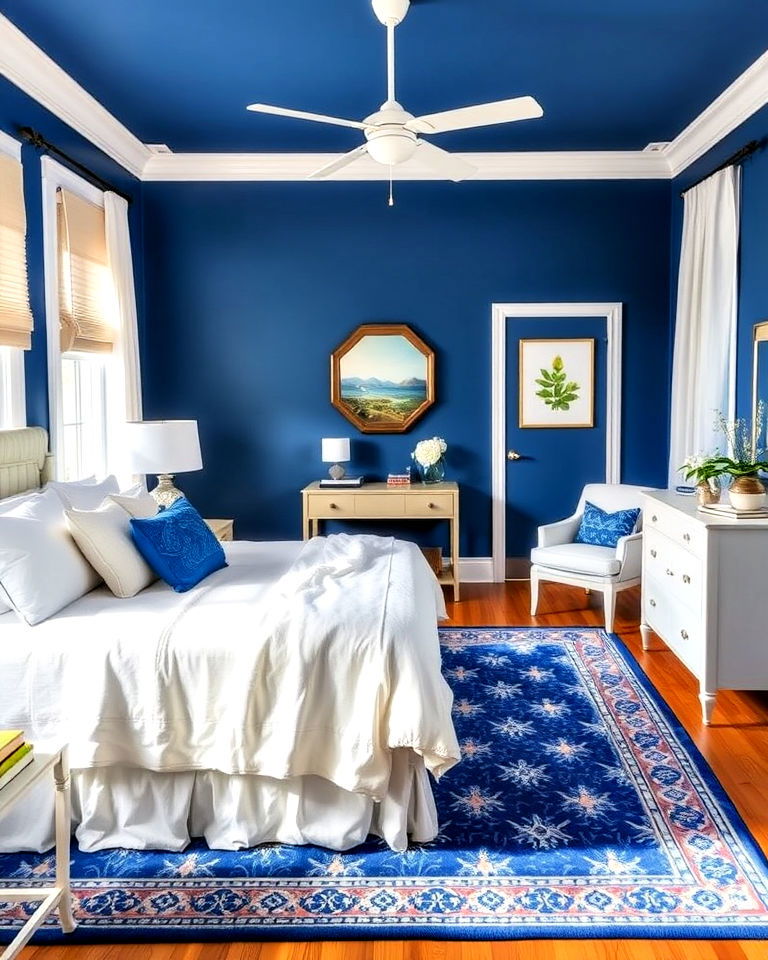 blue area rug with white accents for bedroom - 25 Blue and White Bedroom Ideas