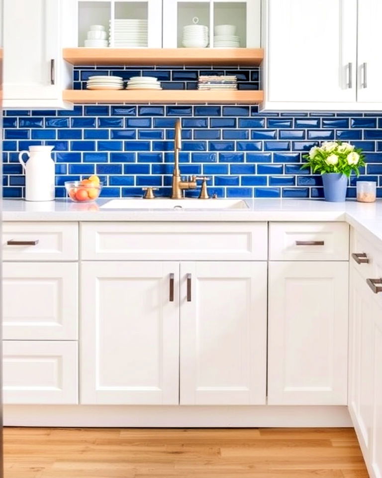 blue backsplash and white kitchen cabinets - 30 Blue and White Decor Ideas