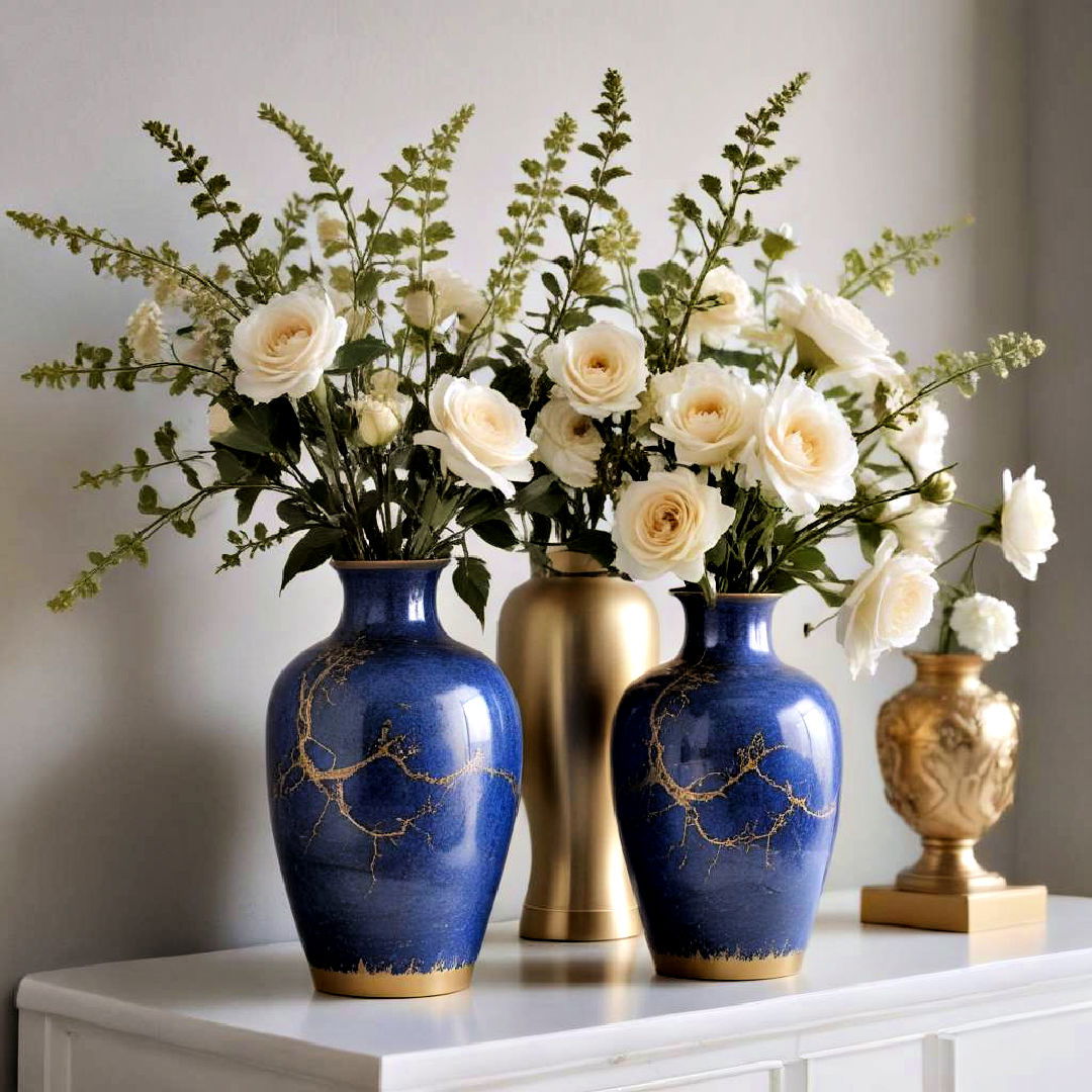 blue decorative vases with gold detailing - 20 Blue and Gold Bedroom Ideas
