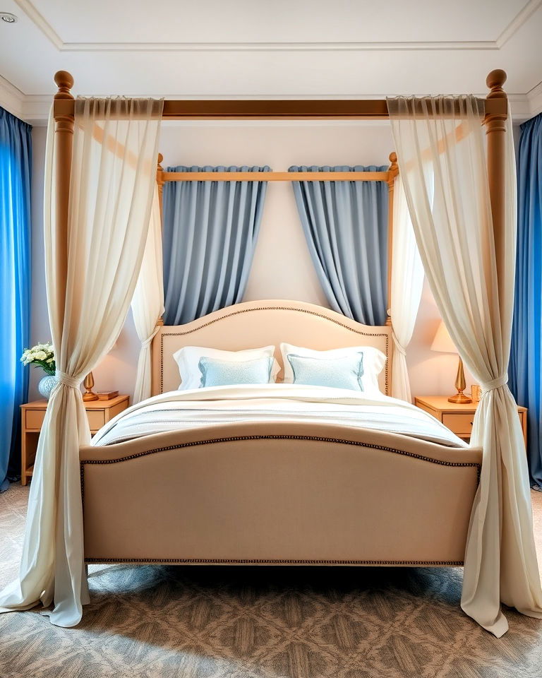 blue drapes and beige canopy bed - 15 Blue and Beige Bedroom Ideas