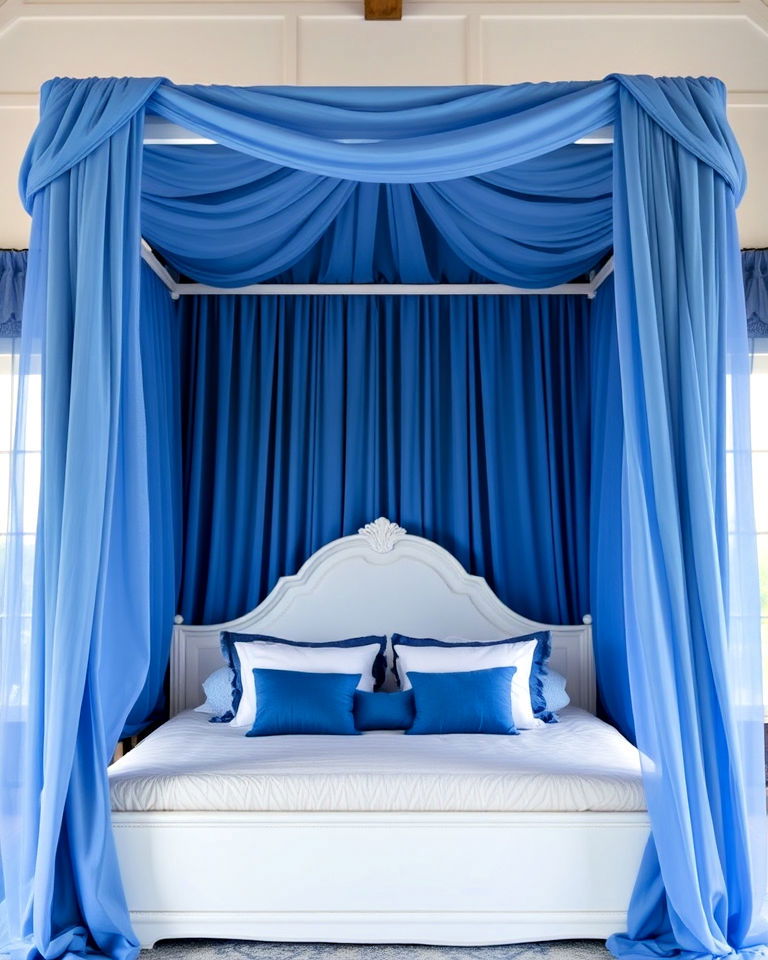blue drapes for white canopy bed - 25 Blue and White Bedroom Ideas