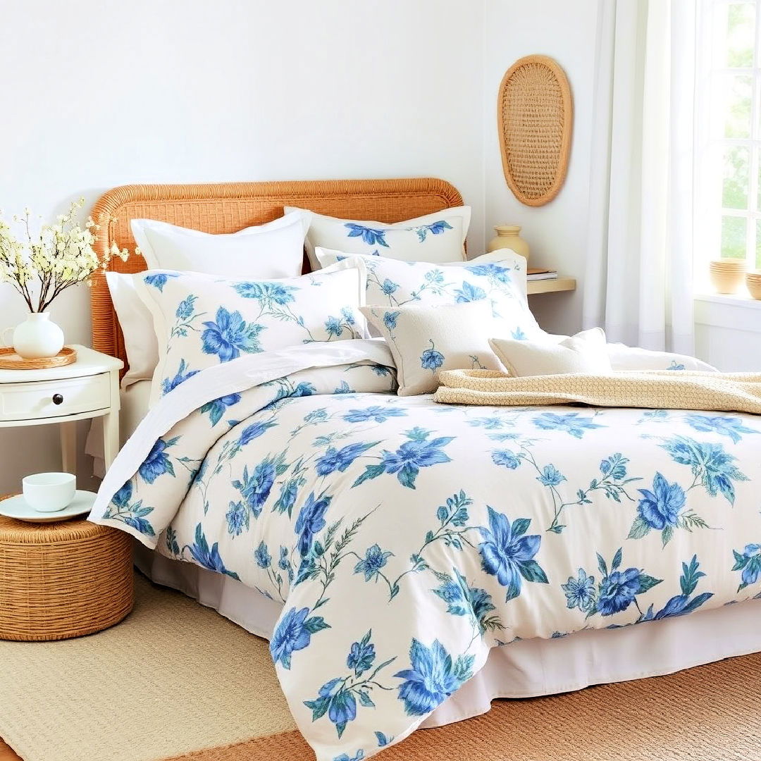 blue floral prints on bedding - 40 Blue Bedroom Ideas