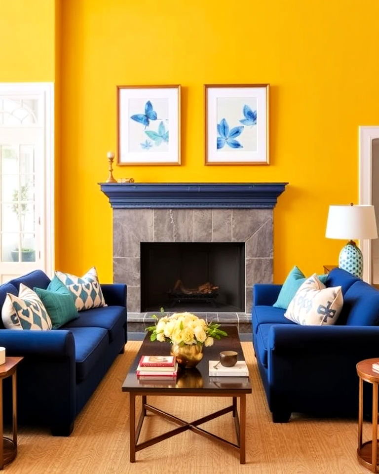 blue furniture and yellow walls - 15 Yellow and Blue Living Room Ideas