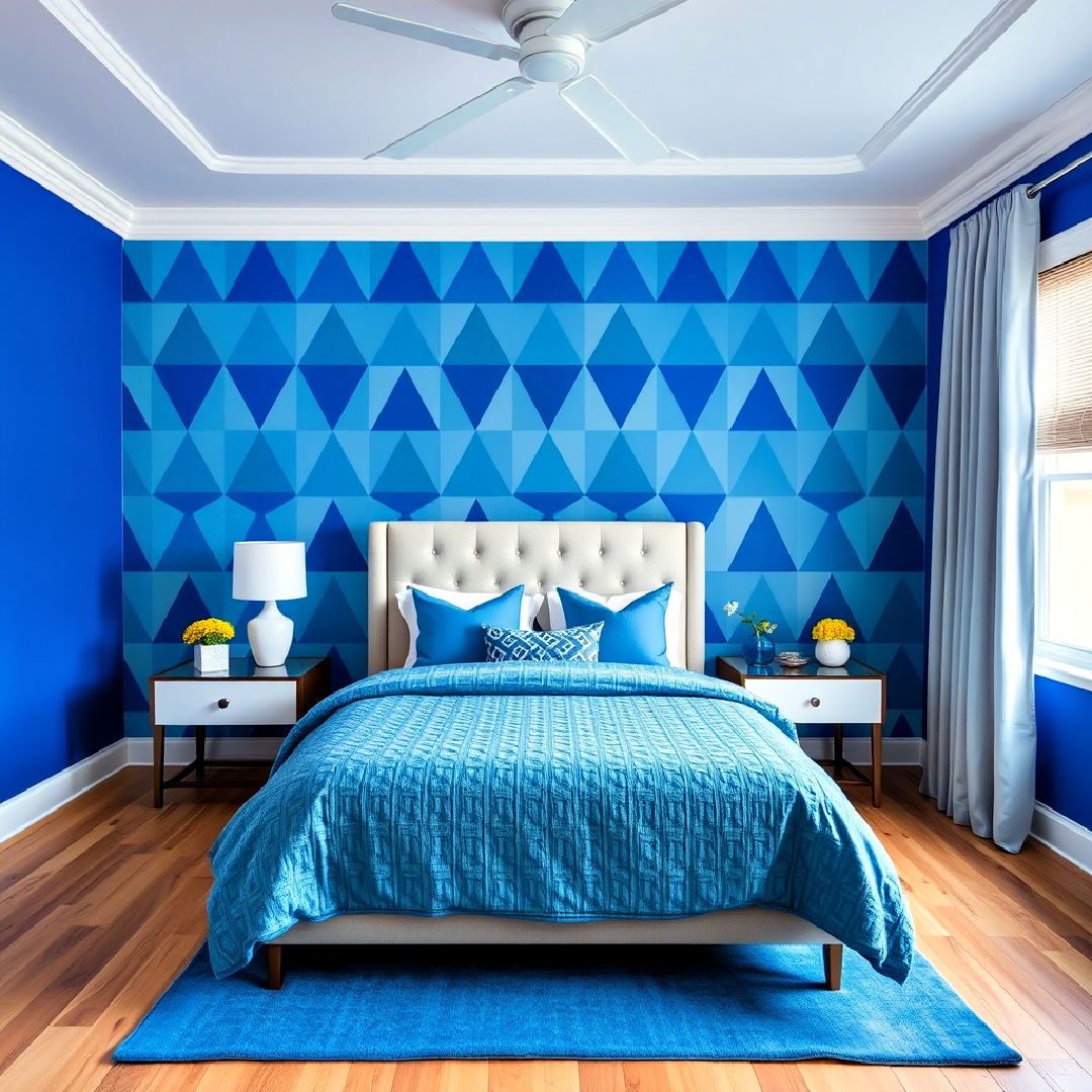 blue geometric patterns on wall - 40 Blue Bedroom Ideas