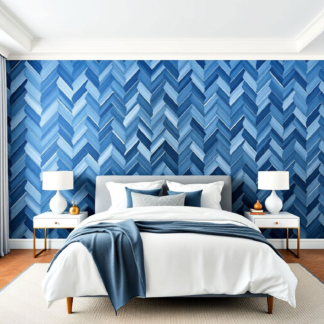blue herringbone pattern on feature wall - 40 Blue Bedroom Ideas