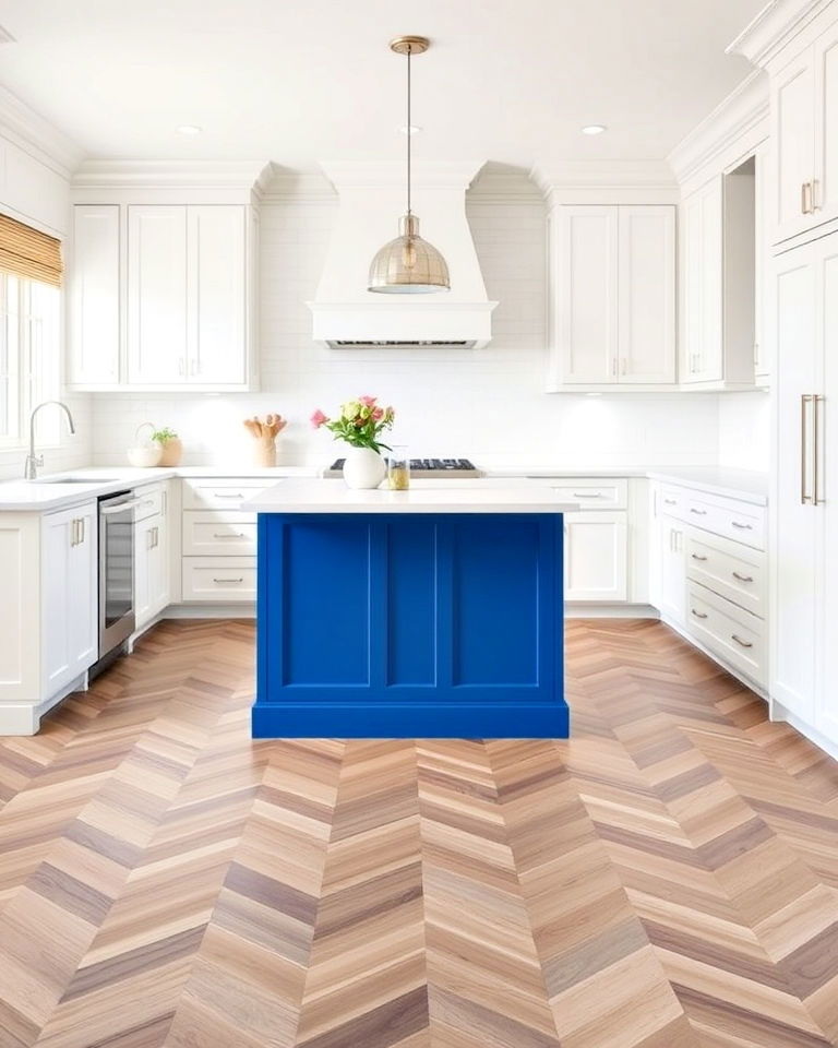 blue island with chevron patterned flooring - 30 White Kitchen Cabinets With Blue Island