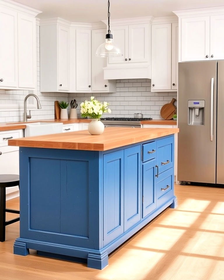 blue island with distressed finish - 30 White Kitchen Cabinets With Blue Island