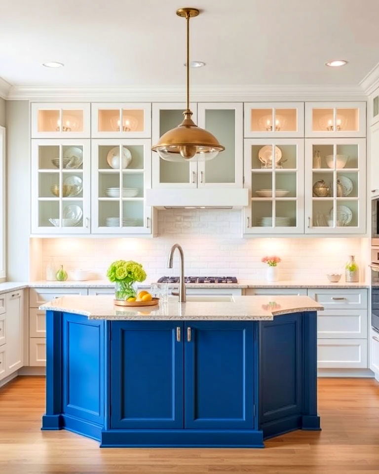 blue island with glass front white cabinets - 30 White Kitchen Cabinets With Blue Island
