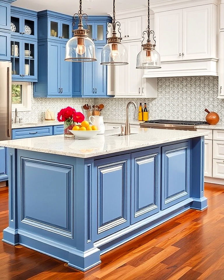 blue island with panel detailing - 30 White Kitchen Cabinets With Blue Island