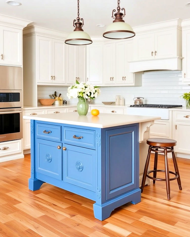 blue island with vintage inspired features - 30 White Kitchen Cabinets With Blue Island