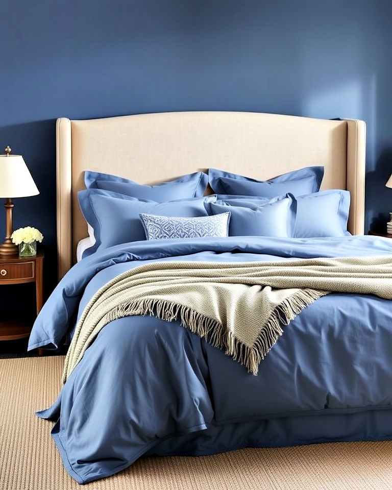 blue linens and beige headboard - 15 Blue and Beige Bedroom Ideas
