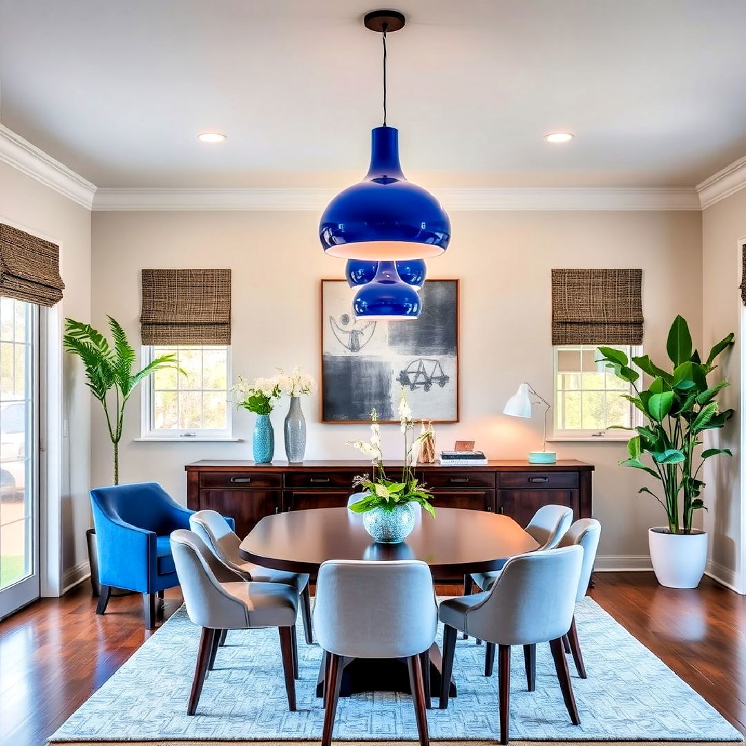 blue pendant lights to add modern touch - 40 Blue Dining Room Ideas