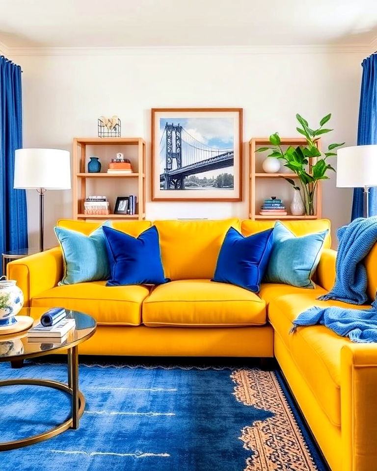 blue throw pillows and yellow sofa - 15 Yellow and Blue Living Room Ideas