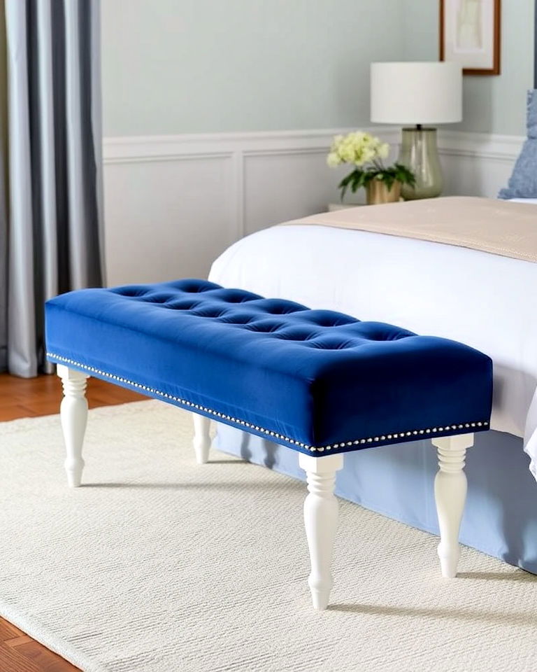 blue velvet bench with white legs fro bedroom - 25 Blue and White Bedroom Ideas