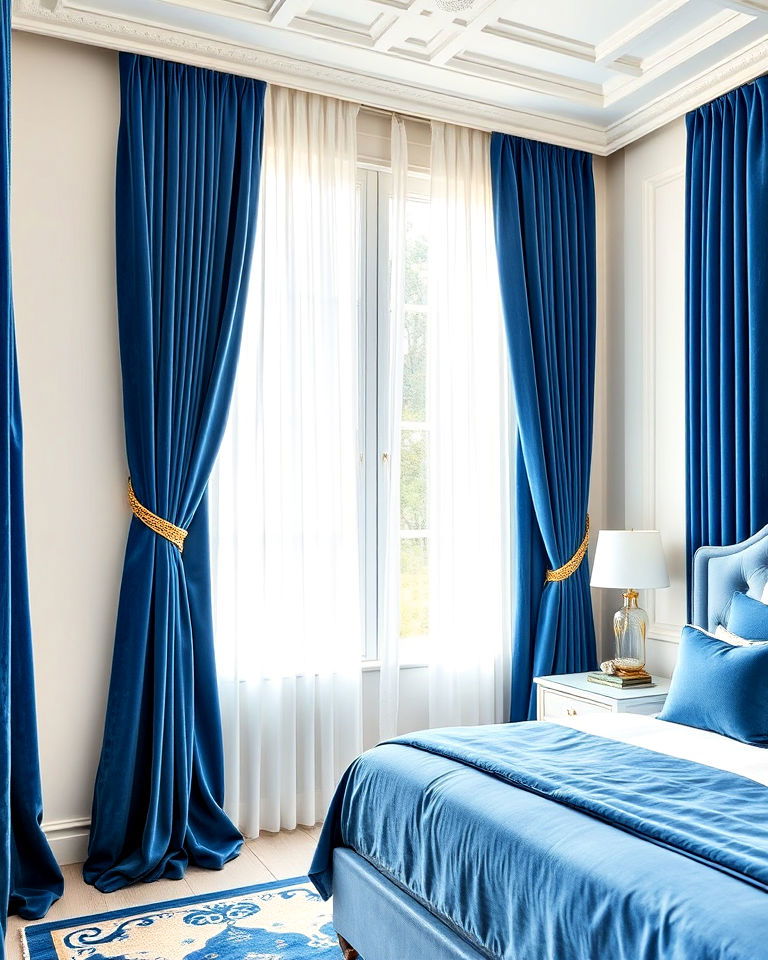 blue velvet drapes for luxury bedroom - 25 Luxury Blue Bedroom Ideas