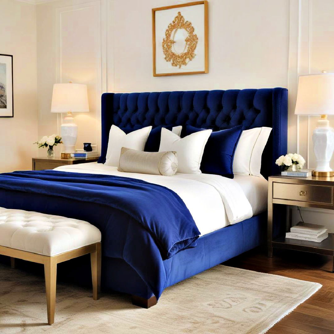 blue velvet upholstered headboard - 40 Blue Bedroom Ideas